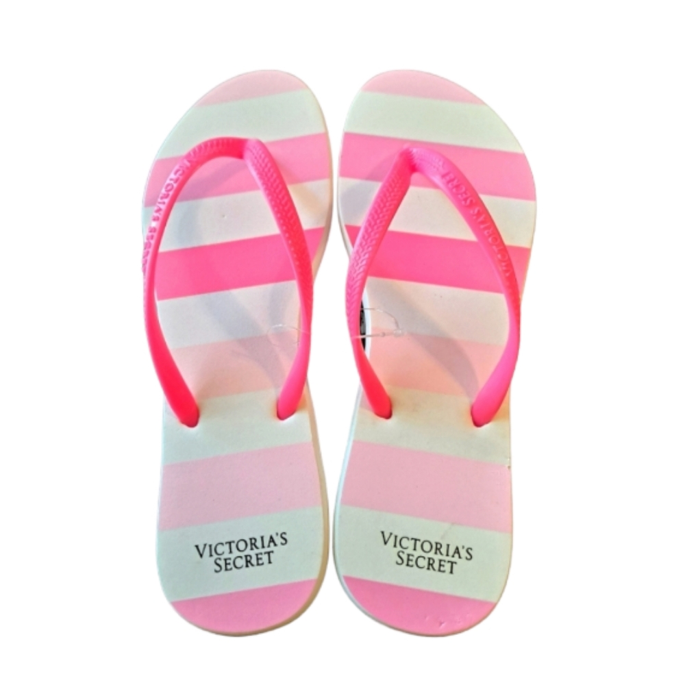 NWOT Victoria's Secret Women Striped Hot Pink Summer Beach Flip Flops Small 5/6